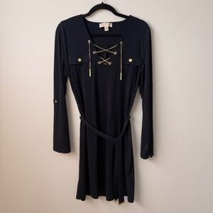 Michael Kors Long Sleeve Dress with Gold Chain Detail - Navy